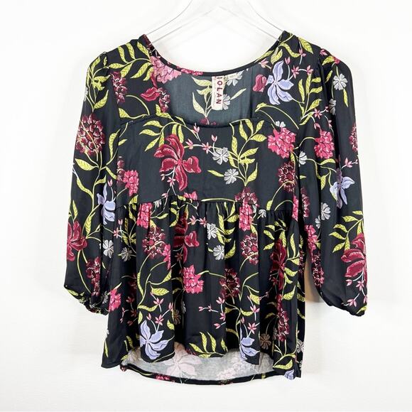 Anthropologie Dolan Cherie Floral Satin Babydoll Blouse XS Black - Picture 2 of 8